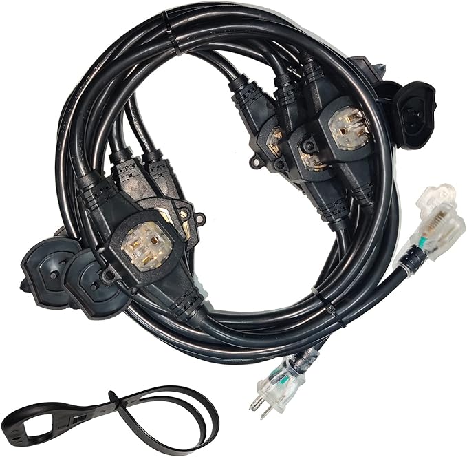 25Ft Power Extension Cord 3 Prong, 12 Gauge SJTW 5-15R Cable Male Plug to Female Connector,7 Outlets Multiple Evenly-Spaced Plug,Suitable for Stage Setting or Outdoor,UL Certified Outlet Cable