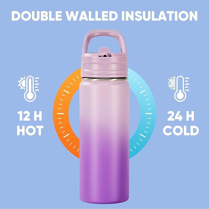 Fijinhom 18oz Insulated Stainless Steel Water Bottle with Straws, Double Wall Vacuum Insulated Bottles, Metal Thermo for Travel, Sports, Leak-Proof, BPA Free, Women & Men, Purple Gradient