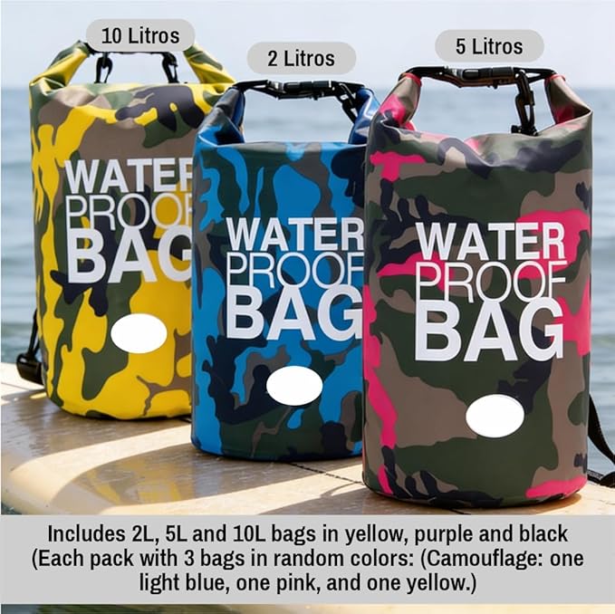 Waterproof Backpack Roll Top Dry Bag Set of 3 (2L 5L 10L) – PVC Dry Bags Waterproof for Kayaking, Camping, Beach & Travel – Floating Outdoor Dry Sack (Light Blue, Pink, Yellow Camouflage)