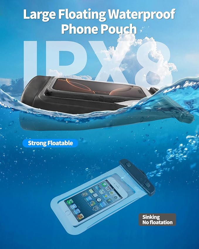 Extra Large Size Waterproof Phone Pouch - [Floating] Water Proof Pouch for iPhone Galaxy Google and More, IPX8 Waterproof Dry Bag for Beach Vacation Belongings Clear Black