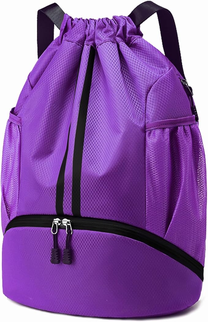Hoedia Sports Drawstring Backpack - String Swim Gym Bag with Shoes Compartment and Wet Proof Pocket for Women/Men (Purple)