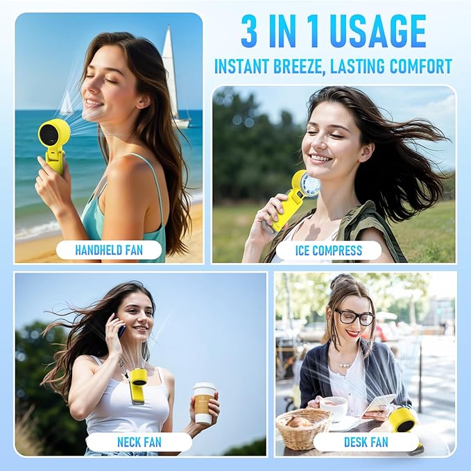 PlayHot Portable Handheld Turbo Fan with Ice Cooling, Rechargeable Personal Fan, Up tp 12Hrs Cooling, 5 Speed 25550RPM Powerful Portable Fan for Travel, Outdoor, Camping, Hiking (Yellow)