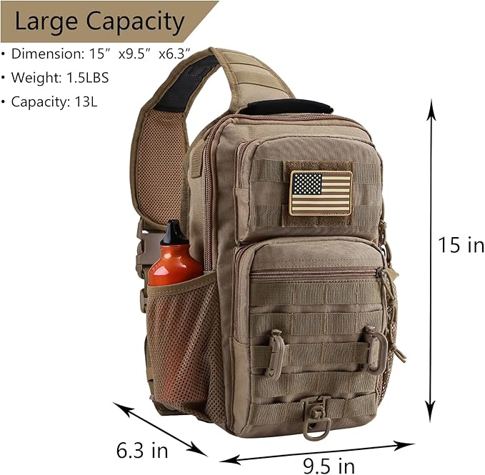 Rover Sling Pack Tactical Shoulder Sling Bag Backpack with Bottle Holder Crossbody Chest Bag, Coyote