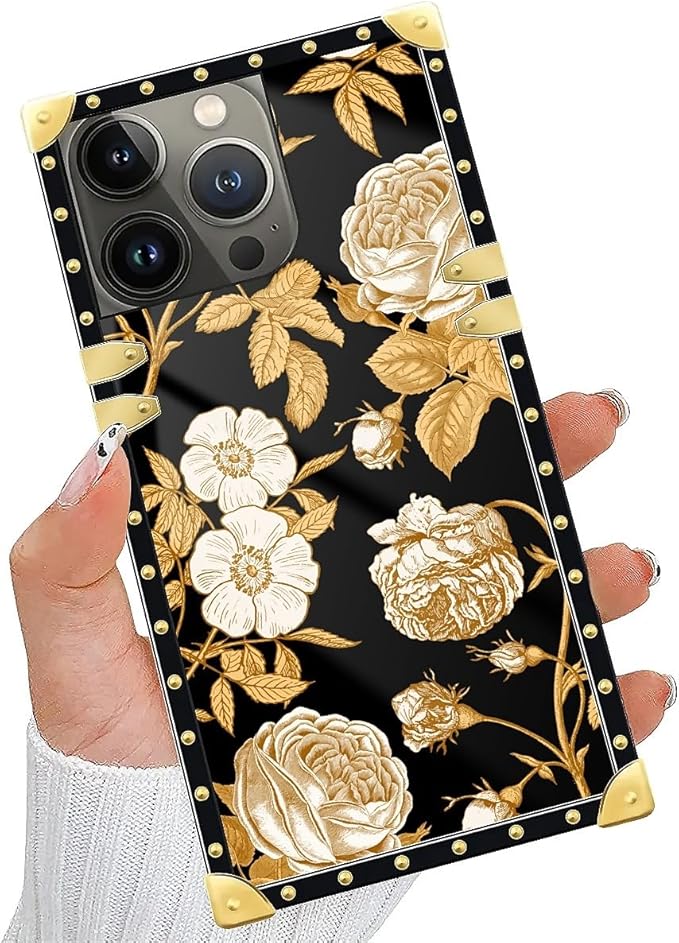 Compatible with iPhone 14 Pro Max Case, Blooming Rose Golden Flower Luxury Golden Decoration for Girl Women Soft TPU Shockproof Protective Hard PC Back for iPhone 14 Pro Max