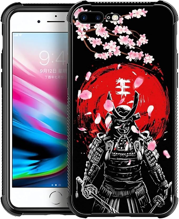 for iPhone 7 Plus/8 Plus Case, Sakura Japanese Samurai Pattern Graphic Design Girl Boy Soft Silicone Hard Acrylic Shock Protection for iPhone 7 Plus/8 Plus
