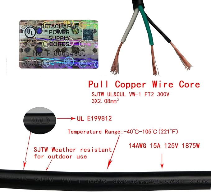 10Feet Outdoor Extension Cord,105℃ Temperature Resistant 15Amp Big Plug Anti-Load 14AWG 3 Prong Heavy Duty Tools Equipment Power Extension Cord (3.1Meters,Black)