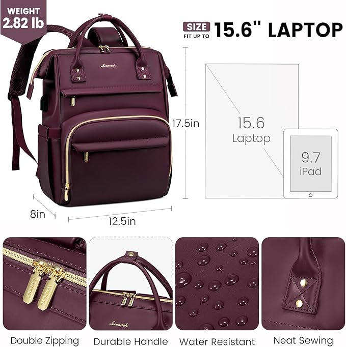 LOVEVOOK Leather Laptop Backpack for Women 17 Inch, Travel Purse for Nurse Teacher, Computer Bag, Professional College Business Work Carry-On With USB Port, Wine Red