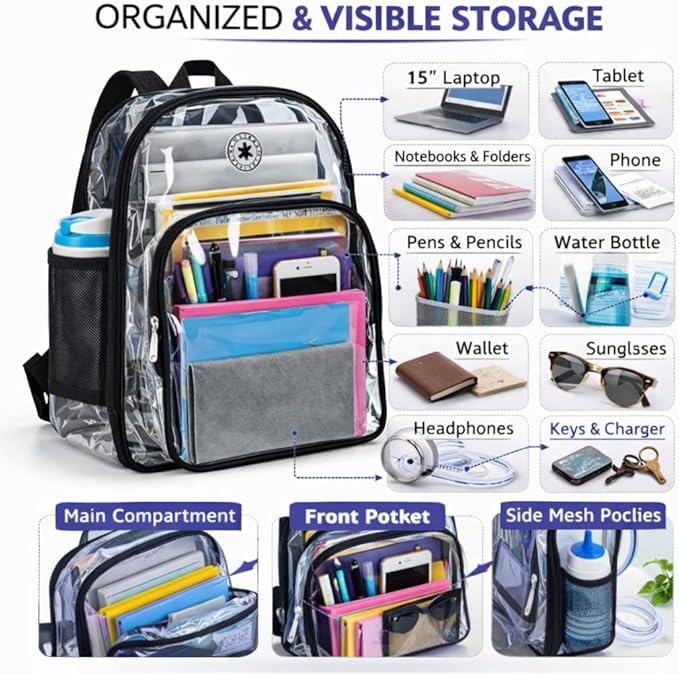 K-Cliffs Large Transparent Backpack Clear Heavy Duty School Bag Durable Student Bookbag See Through Vinyl Daypack Workbag