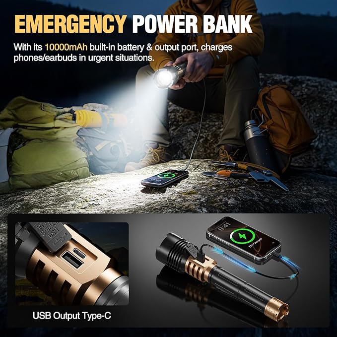 WdtPro Rechargeable LED Flashlights High Lumens, Super Bright 90000LM Rechargeable Flashlight with LCD Display, 5 Modes & Waterproof Powerful 10000mAh Handheld Flashlight for Camping Emergency Gold