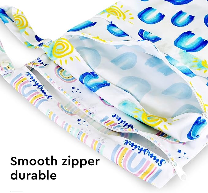2pcs Waterproof Wet Bags with Two Zippered Pockets, Washable, Reusable for Travel, Beach, Pool, Stroller, Diapers, Dirt Gym Clothes, Wet Swimsuits, Toiletries -Rainbows