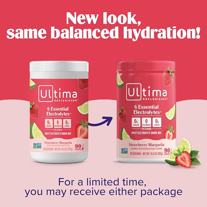 Ultima Replenisher Daily Electrolyte Powder Drink Mix – Sugar Free – Strawberry Margarita, 90 Servings – Hydration Powder with 6 Key Electrolytes and Trace Minerals – Keto Friendly, Non-GMO