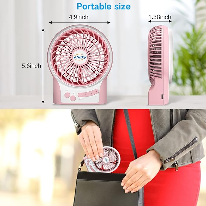 efluky 3-Speed Mini Desk Fan with LED Light, Portable USB Fan Quiet for Home, Office, Travel, Camping, Outdoor, Indoor, 4.9-Inch, Pink