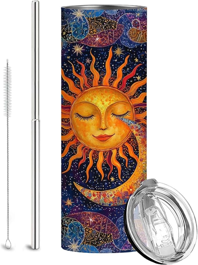 Firmiso 20 oz Tumbler | Skinny Insulated Travel Mug with Leak-proof Lid and Telescopic Straw | Sun and Moon Celestial Stainless Steel Coffee Cup | Christmas Gifts for Women and Men