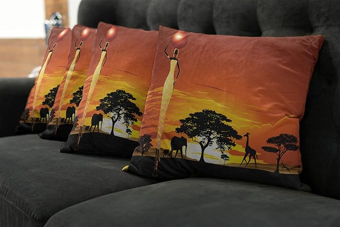 Ambesonne Elephant Throw Pillow Cushion Case Pack of 4, Woman and Wild Landscape with Animals, Modern Accent Double-Sided Digital Printing, 18", Orange Black