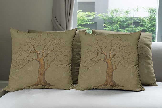 Ambesonne Tree Throw Pillow Cushion Case Pack of 4, Illustration of a Big Tree on Antique Old Paper Vintage Style Artwork Design Print, Modern Accent Double-Sided Digital Printing, 18", Pale Green