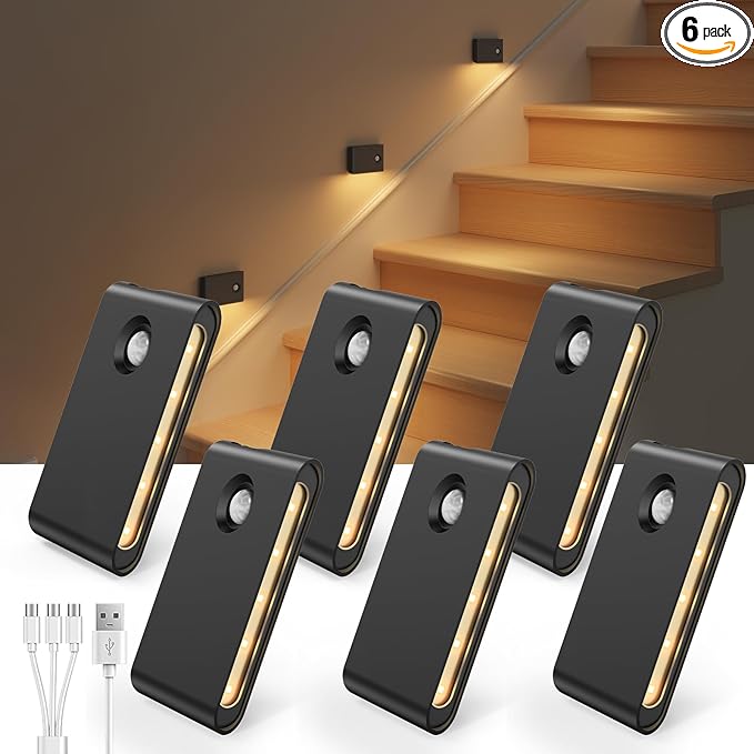 EZVALO 6 Pack Motion Sensor Night Lights, Sync LED Stair Lights Indoor, 1500mAh Rechargeable, Magnetic & Dimmable, 3000K Soft White, Portable Nightlight for Hallway, Stairs, Bathroom, Bedroom (Black)