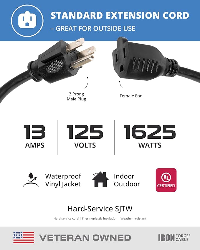 IRON FORGE CABLE 2 Pack of 6 Ft Outdoor Extension Cords - 16/3 Heavy Duty Black Extension Cord Pack