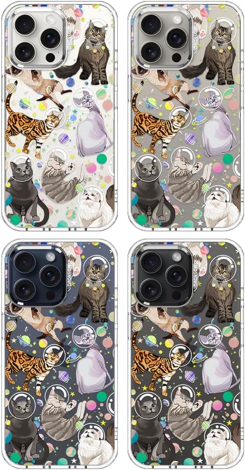 MOSNOVO Case for iPhone 15 Pro Max, [Buffertech 6.6ft Military-Grade Drop Protection] [Anti Peel Off Tech] Clear TPU Bumper Phone Case Cover Design - Space Cat