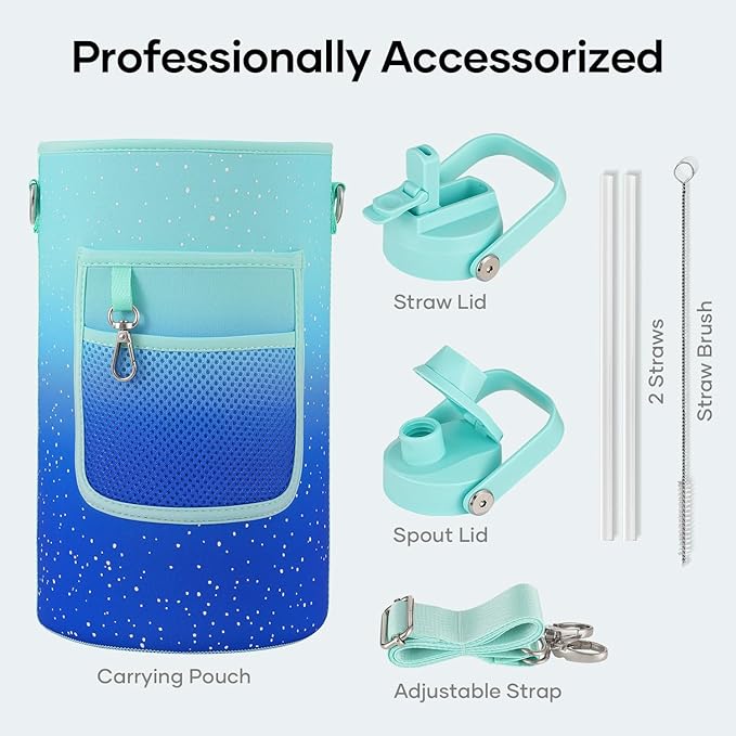 BUZIO 1 Gallon Water Jug with Straw Lid, 128oz Water Bottle Stainless Steel Triple Wall Hydro Jug 18/8 Food Grade Thermo Mug Keep Cold 48H & Hot 24H, Starry Gradient Blue