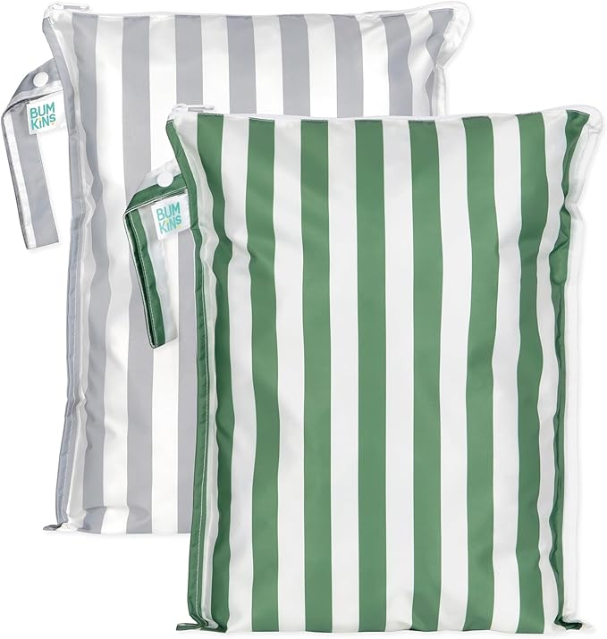 Bumkins - Larger Waterproof Wet Bag - For Baby, Travel, Swim Suit, Cloth Diapers, Pump Parts, Pool, Gym, Toiletry, Strap to Stroller - Reusable & Easy to Clean - 2pk - Gray & Green Stripe