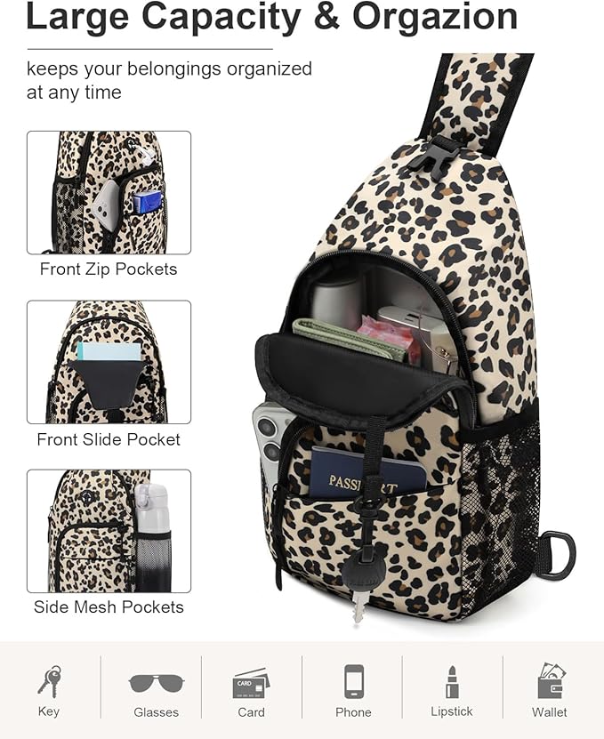 Pritent Crossbody Bags for Women Man Waterproof Sling Bag Backpack Trendy Casual Cross Body Bag with Convertible Shoulder Strap Chest Bag for Camping Hiking Travel Essentials (Leopard, Large )