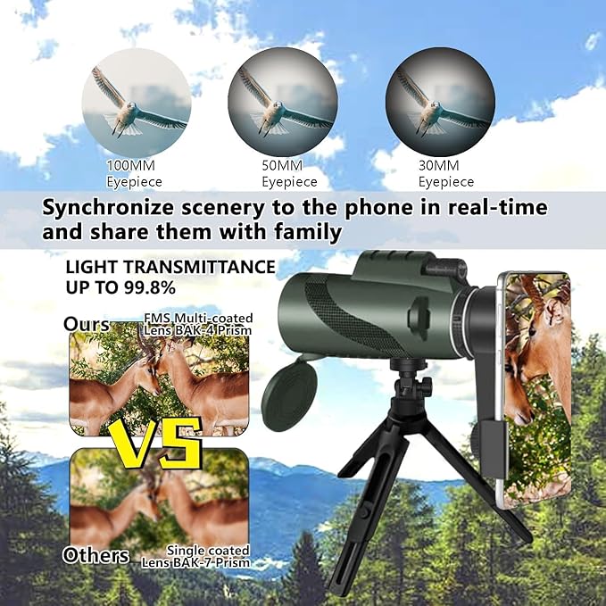 Monocular-Telescope 80x100 High Powered Monoculars High Definition for Adults High Powered with Smartphone Adapter Telescope Hunting Wildlife Bird Watching Travel Camping Hiking-Green