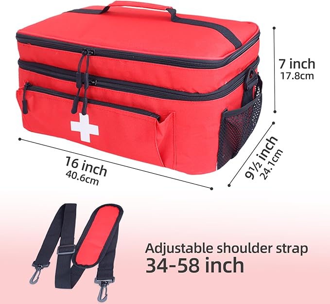 ALSLEA First Aid Bag Empty Large Medical Bag with Shoulder Strap 16”x 9½” x 7” Medicine Organizer Box Travel First Aid kit Emergency Supplies Storage Bag for Car, Home, Office, Outdoor (Red)