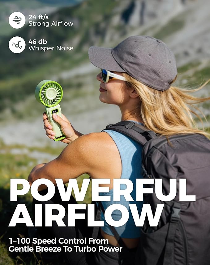 Diveblues Portable Turbo Fan, 100 Speed Handheld Fan with Strong Airflow, Foldable 4 in 1 Personal Fan for Neck, Desk & Travel, USB-C Rechargeable, Lightweight for Summer, Concerts & Outdoor Use