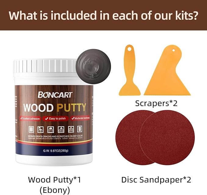 BONCART Wood Filler - Ebony, Paintable, Stainable, Sandable. Quickly Repair Holes, Cracks, Chips, Damage, and Scorched Wooden Furniture