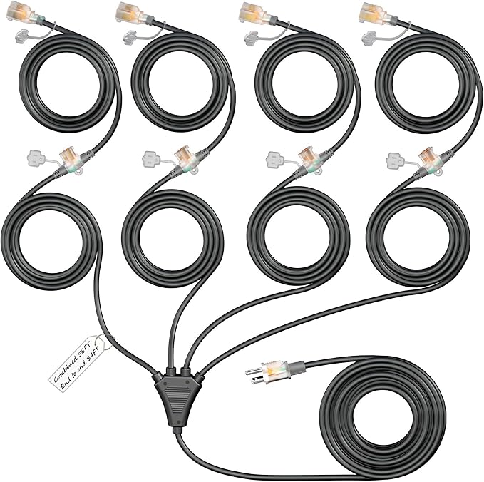 Eversimpleinc Black 1 to 4 Splitter Extension Cord (Combined 58 FT, End to End 34 FT), 3 Prong Plug with 8 Extended Lighted Outlets, with Weatherproof Covers for Indoor and Outdoor