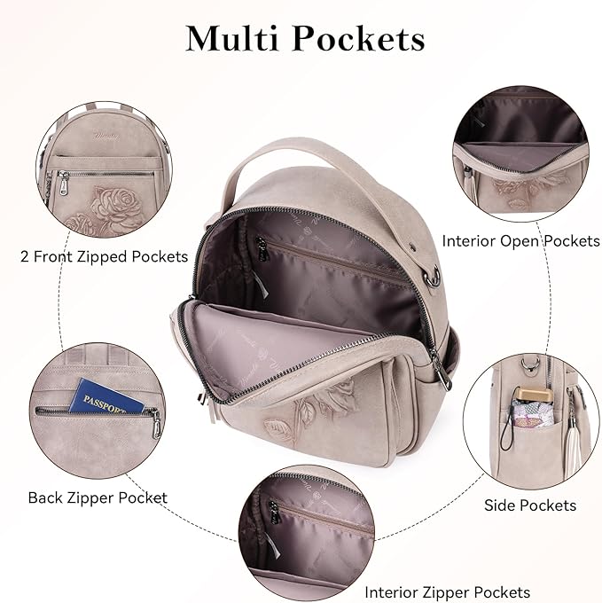Mini Backpack Purse for Women,Embossed Leather Small Backpack Fashion Travel Backpacks Daypacks Shoulder Handbag (GRAY-Flower)