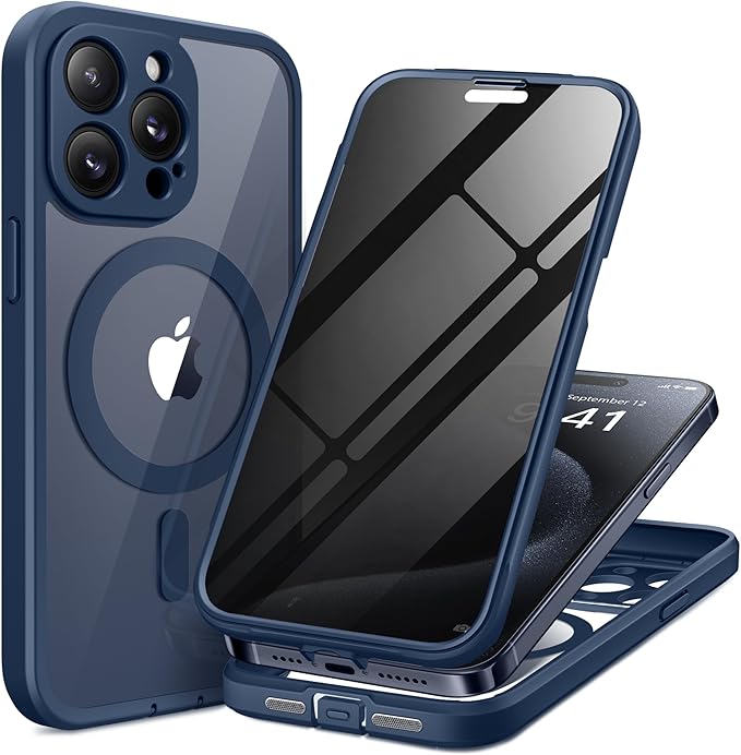TIESZEN for iPhone 15 Pro Max Case, Compatible with MagSafe, Built-in Privacy Screen Protector and Camera Protection, Anti Spy Full Body Dustproof Shockproof Hard Phone Case 6.7", Dark Blue