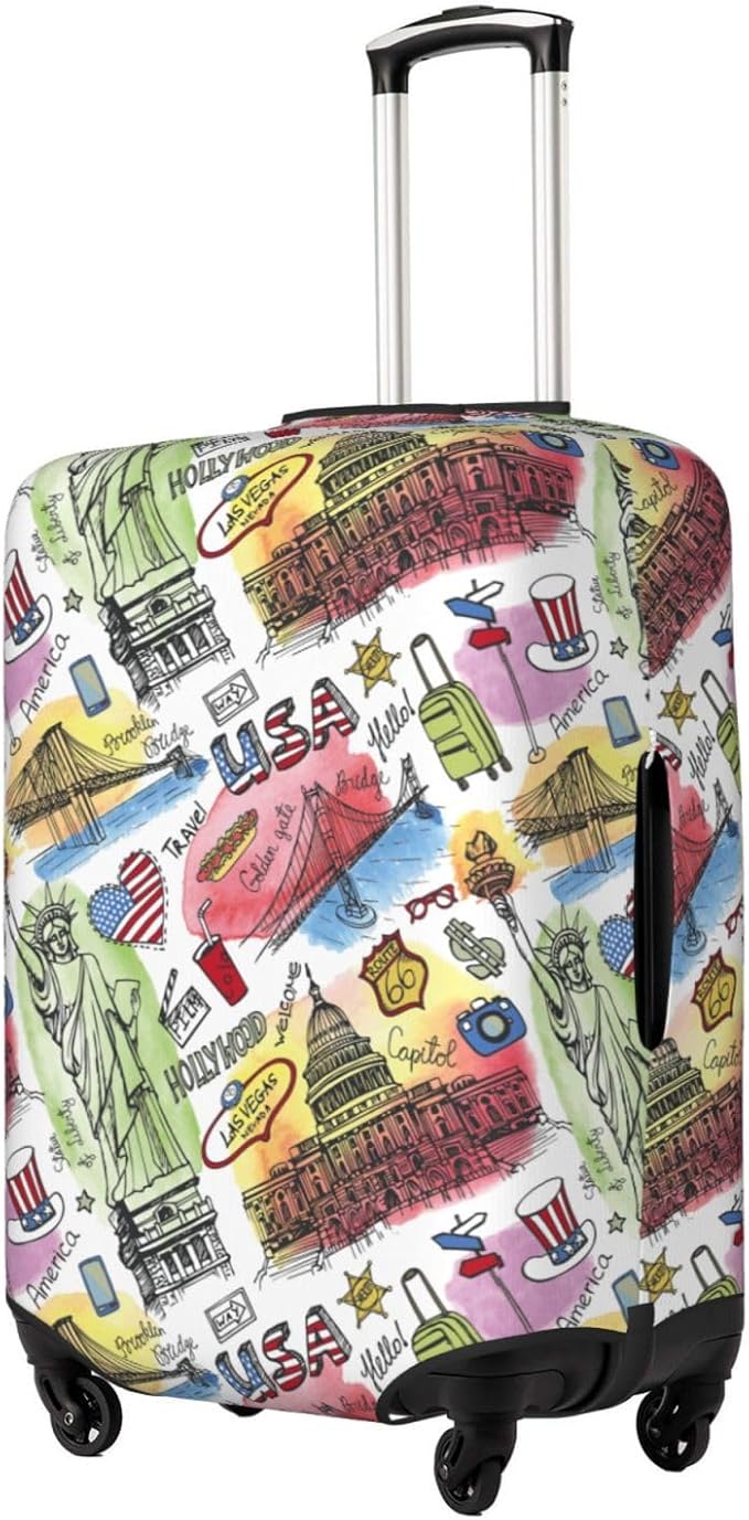 USA Landmarks Print Elastic Luggage Cover, Suitcase Protector For Travel (Fits 18-21 Inch Luggage)