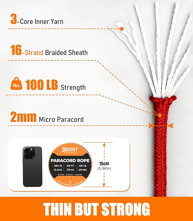 DDOUT 2mm Paracord 100lb, Thin Micro Paracord Rope, Red 250FT Nylon Cord for Crafting, DIY Projects, Fishing, Camping & Outdoor