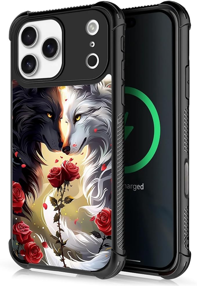 for iPhone 17 Pro Max Case,for MagSafe Graphic Design for Girl Boy Soft Silicone Hard Acrylic Shock Protection Designed for iPhone 17 Pro Max Black White Wolf Moon Flower Rose Pattern
