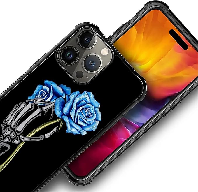 for iPhone 16 Pro Case, Skeleton Holding Blue Rose Pattern Graphic Design Girl Boy Soft Silicone Hard Acrylic Shock Protection for iPhone 16 Pro