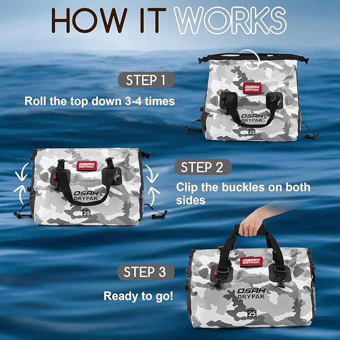 OSAH DRYPAK Waterproof Duffel Bag - Motorcycle Dry Bag Tail Bag with Large Storage Space, Waterproof Luggage Duffle Bags with Outer Mesh Zipper Pocket for Camping, Kayaking, Fishing & Traveling