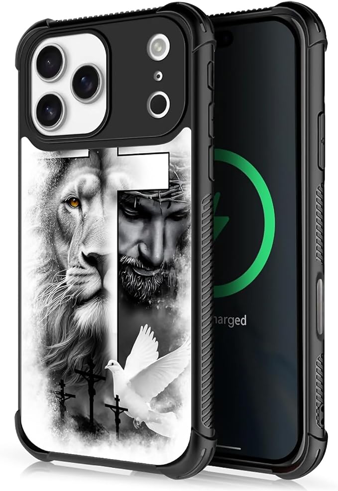 for iPhone 17 Pro Max Case,for MagSafe Graphic Design for Girl Boy Soft Silicone Hard Acrylic Shock Protection Designed for iPhone 17 Pro Max Lion Cross Jesus Christ Dove Pattern