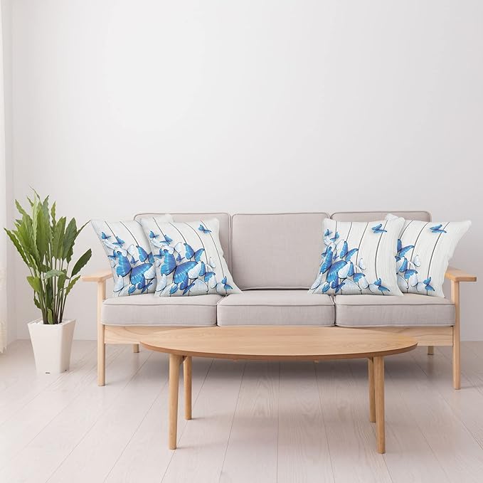 Ambesonne Butterflies Throw Pillow Cushion Case Pack of 4, Blue and White Butterflies on Wooden Background Timber Wall Rustic Life, Modern Accent Double-Sided Digital Printing, 18", Grey White