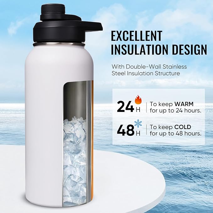 Fijinhom 32 oz Insulated Water Bottle with Handle, 304 Stainless Steel Water Bottles with Wide Mouth, Double Wall Vacuum Sports Water Bottle, BPA Free, Keep Cold and Hot, White