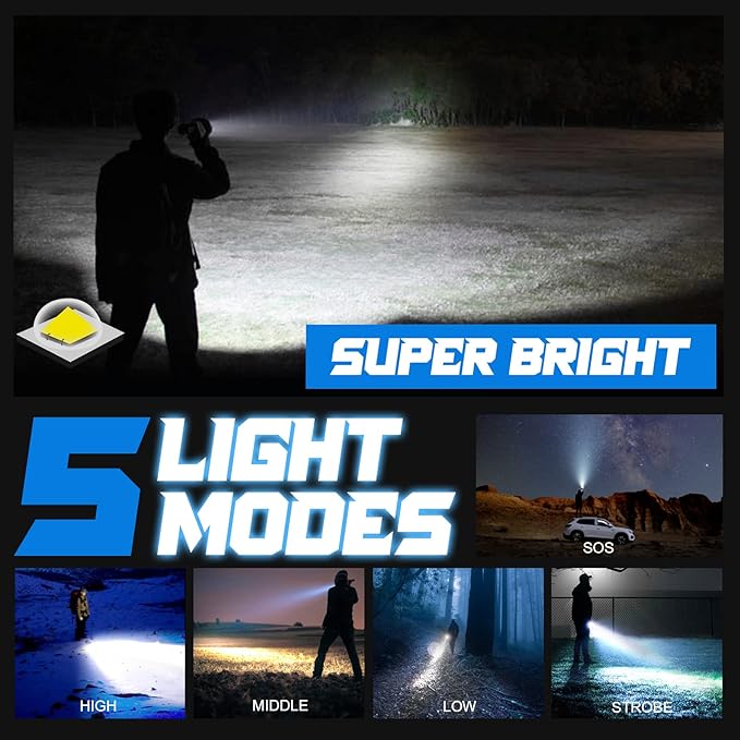 PHIXTON Rechargeable Flashlights High Lumens, USB C Chargeable LED Flashlight, Bright Strong Handheld Flash Lights, Long Lasting, Adjustable Focus, 5 Modes, for Emergencies Hiking Gift