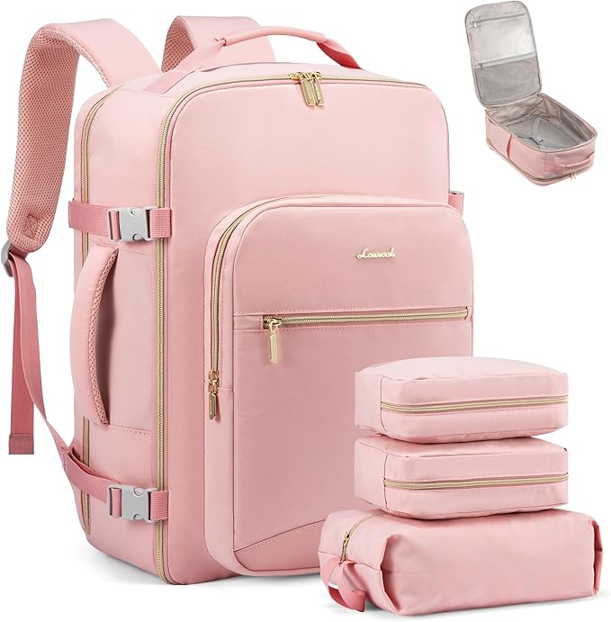 LOVEVOOK Travel Backpack for Women & Men 50L,Airline Approved Carry On Backpack Travel Essentials,TSA Carry on Luggage,Waterproof Personal Item Travel Bag,Suitcase with 3 Packing Cubes,Pink-Pink