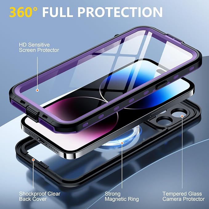 Red2Fire for iPhone 14 Pro Case Waterproof, [Built-in Screen Protector & Camera Protector][Compatible with MagSafe][Full Body Shockproof][IP68 Waterproof][Dustproof] Phone Case 6.1" Purple/Clear