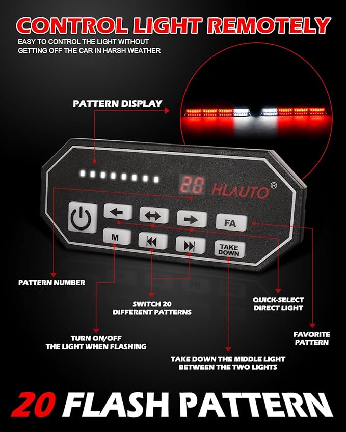 HLauto 604N Emergency Dash Strobe Lights: 2x16.8 inch Red Security Light w/Take Down, 48 LED Safety Flashing Warning Hazard Interior Windshield Light Bar for Trucks Vehicles