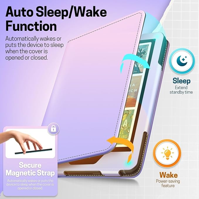 TNP Stand Case for Kindle Paperwhite 12th Generation 2024 / Kindle Colorsoft Signature Edition with Hand Strap & Card Slot - 7" PU Leather Protective Folio Cover with Auto Wake/Sleep, Pink Purple