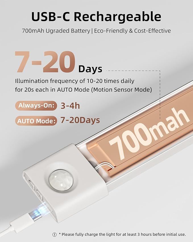 EZVALO 3 Pack 8” Motion Sensor Light Indoor, Wireless Under Cabinet Lighting, 30 LED Rechargeable Closet Lights, Dimmable, 3 Color Temperatures, Counter Lights for Wardrobe, Pantry, Bedroom, Kitchen
