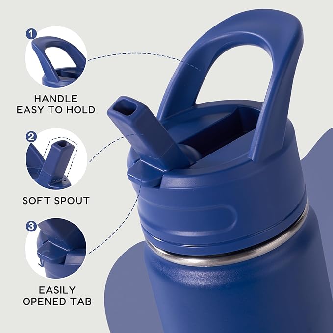 Fijinhom 12oz Kids Water Bottle for School, Toddler Water Bottles with Straws, Insulated Water Bottles for Boys&Girls, Stainless Steel Vacuum Insulated Bottle for Kids, Leak-Proof, BPA-Free, Blue