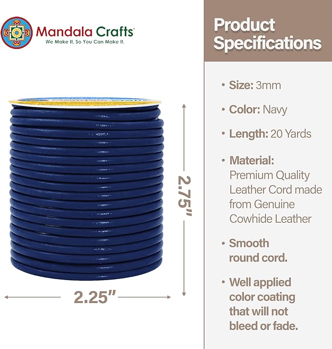 Mandala Crafts Round Genuine Navy Blue Leather Cord for Jewelry Making – 3mm Cowhide Leather Rope String Lace for Kumihimo – 20 Yards Cowhide Craft Cording Spool