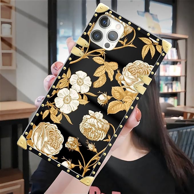 Compatible with iPhone 12 Pro Max Case, Blooming Rose Golden Flower Luxury Golden Decoration for Girl Women Soft TPU Shockproof Protective Hard PC Back for iPhone 12 Pro Max