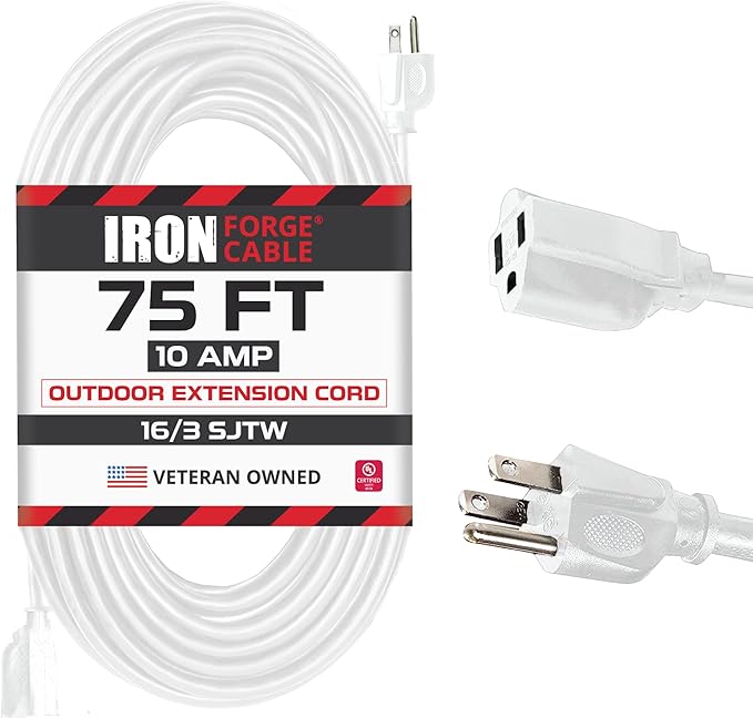 Iron Forge Cable Weatherproof 75 Ft Outdoor Extension Cord - 16/3 SJTW Heavy Duty White Extension Cord 3 Prong - 10 Amp Exterior Power Cable